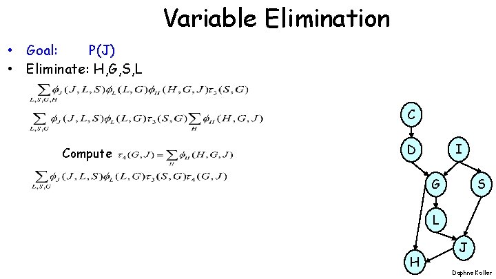 Variable Elimination • Goal: P(J) • Eliminate: H, G, S, L C Compute I Variable Elimination • Goal: P(J) • Eliminate: H, G, S, L C Compute I