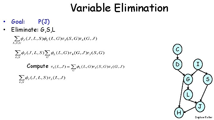 Variable Elimination • Goal: P(J) • Eliminate: G, S, L C Compute I D Variable Elimination • Goal: P(J) • Eliminate: G, S, L C Compute I D