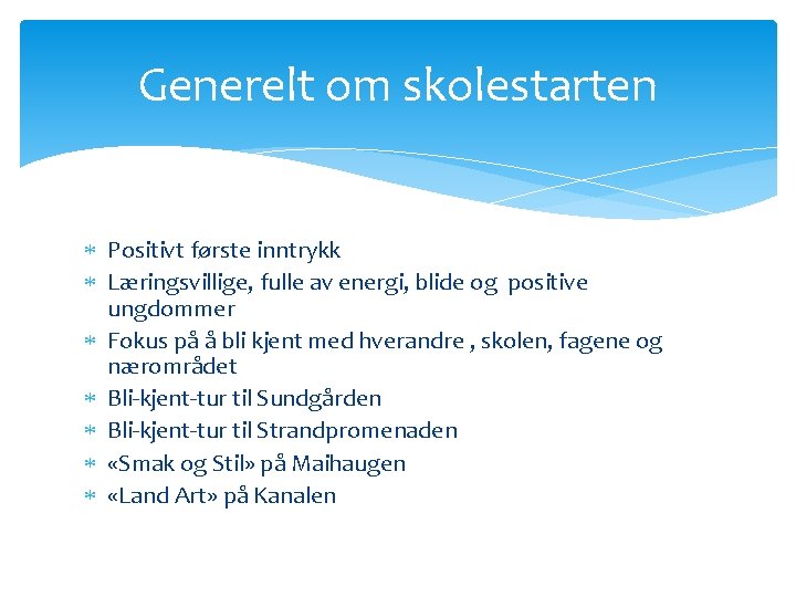 Generelt om skolestarten Positivt første inntrykk Læringsvillige, fulle av energi, blide og positive ungdommer