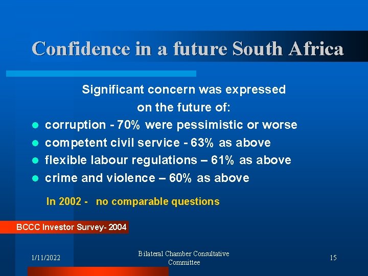 Confidence in a future South Africa l l Significant concern was expressed on the