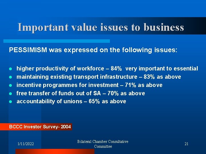 Important value issues to business PESSIMISM was expressed on the following issues: l l