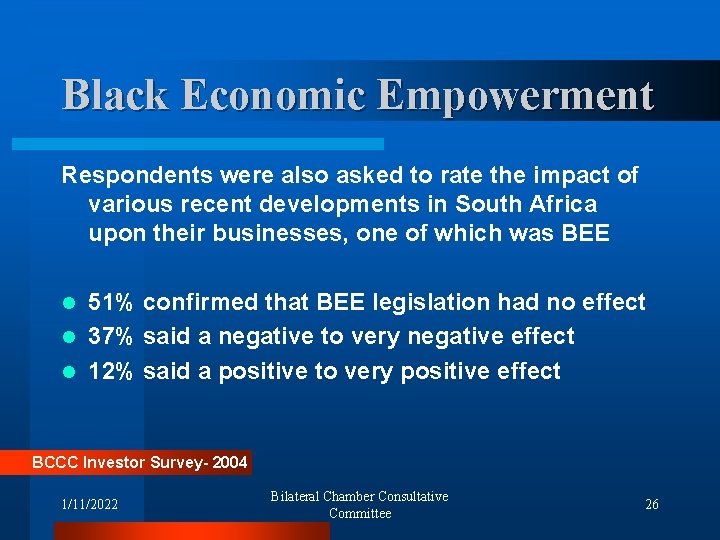 Black Economic Empowerment Respondents were also asked to rate the impact of various recent