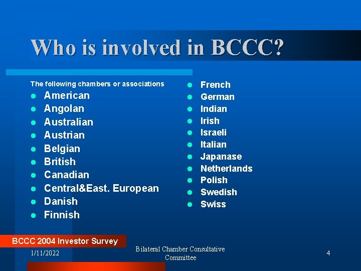 Who is involved in BCCC? The following chambers or associations l l l l