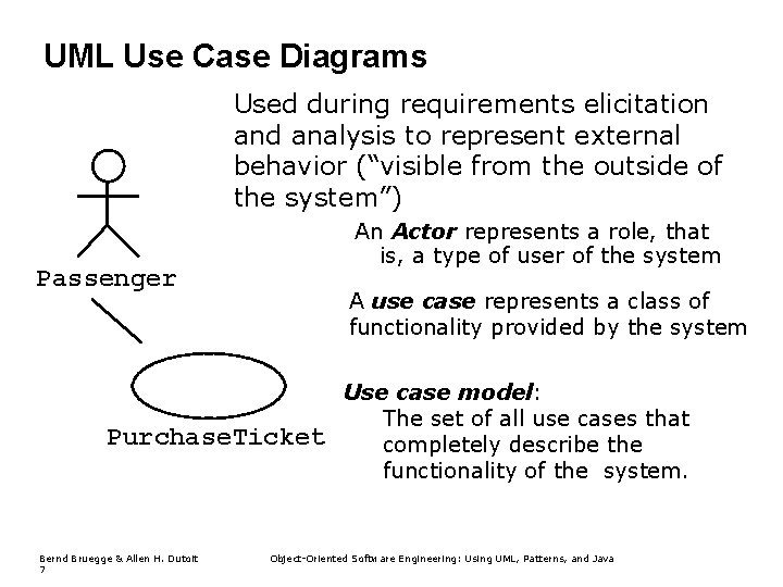 UML Use Case Diagrams Used during requirements elicitation and analysis to represent external behavior UML Use Case Diagrams Used during requirements elicitation and analysis to represent external behavior