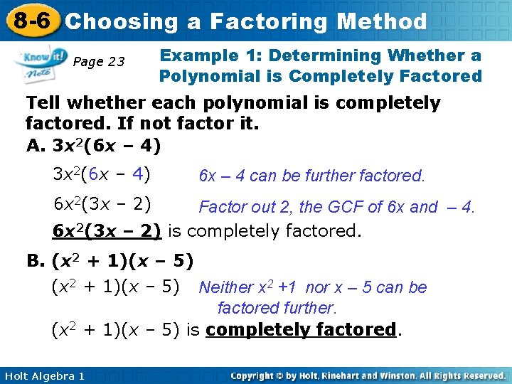 8 -6 Choosing a Factoring Method Page 23 Example 1: Determining Whether a Polynomial