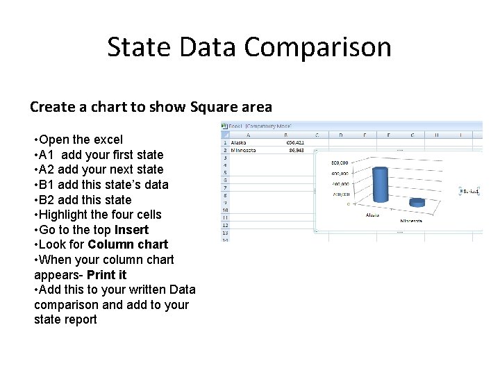 State Data Comparison Create a chart to show Square area • Open the excel