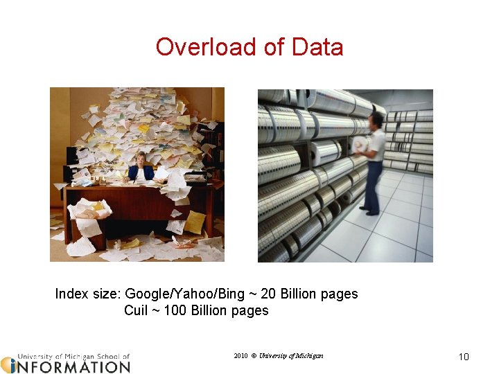 Overload of Data Index size: Google/Yahoo/Bing ~ 20 Billion pages Cuil ~ 100 Billion