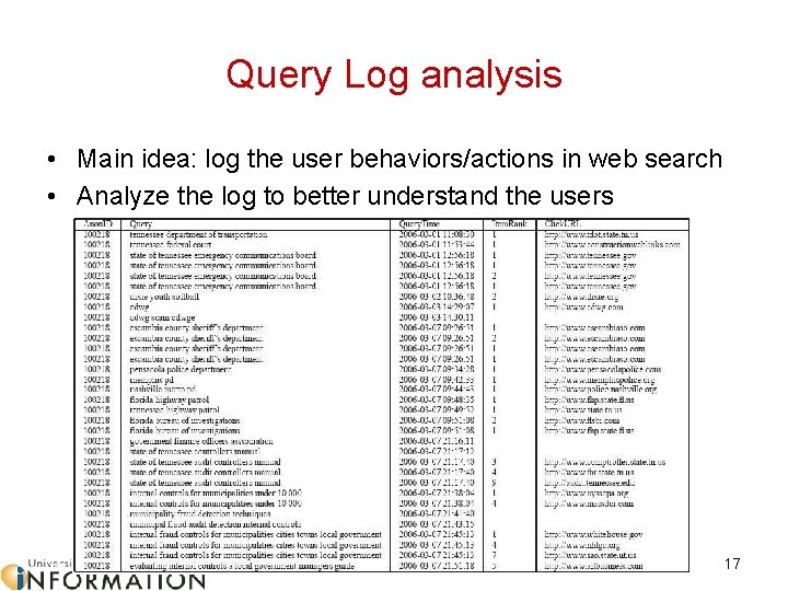 Query Log analysis • Main idea: log the user behaviors/actions in web search •