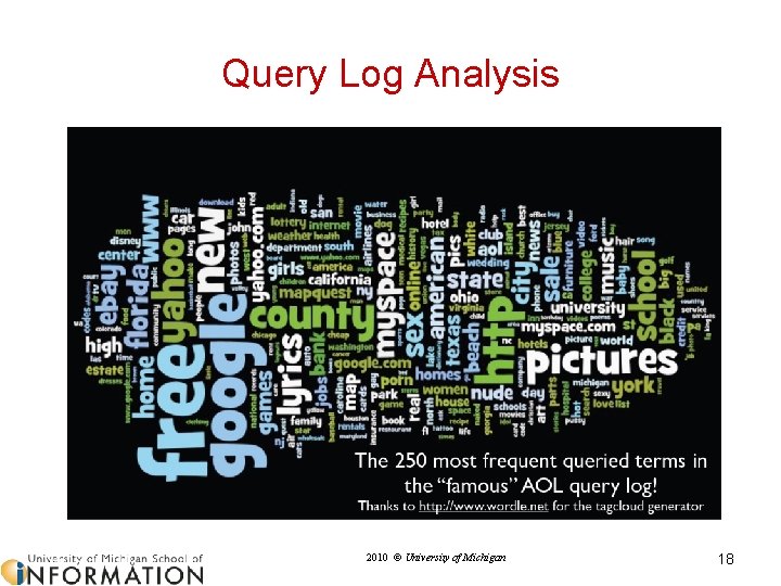 Query Log Analysis 2010 © University of Michigan 18 