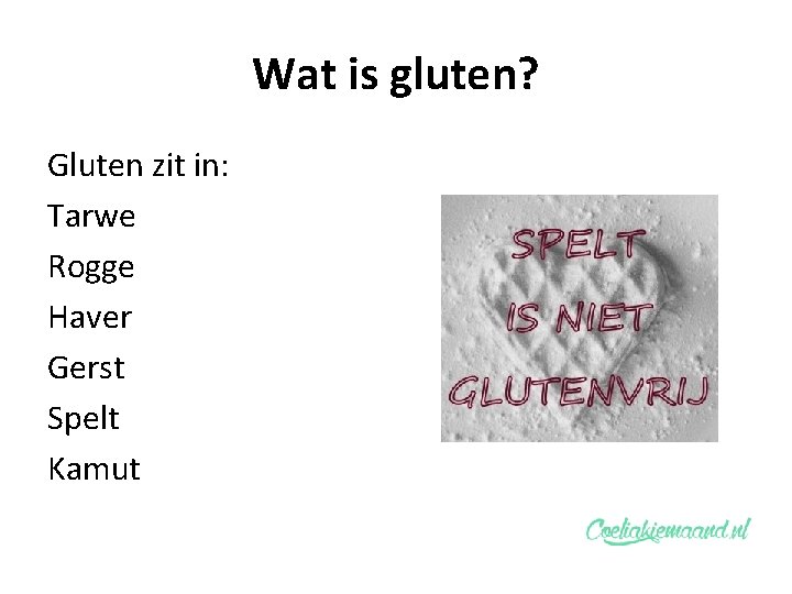 Wat is gluten? Gluten zit in: Tarwe Rogge Haver Gerst Spelt Kamut 
