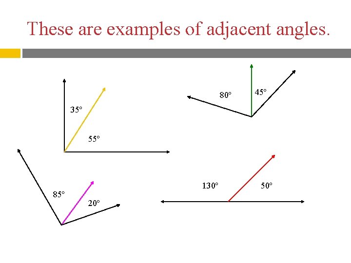 These are examples of adjacent angles. 80º 45º 35º 55º 85º 130º 20º 50º