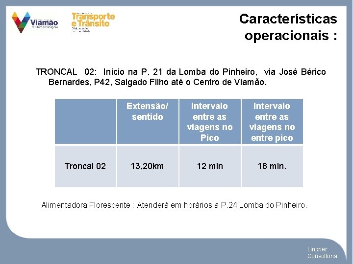 Características operacionais : TRONCAL 02: Início na P. 21 da Lomba do Pinheiro, via