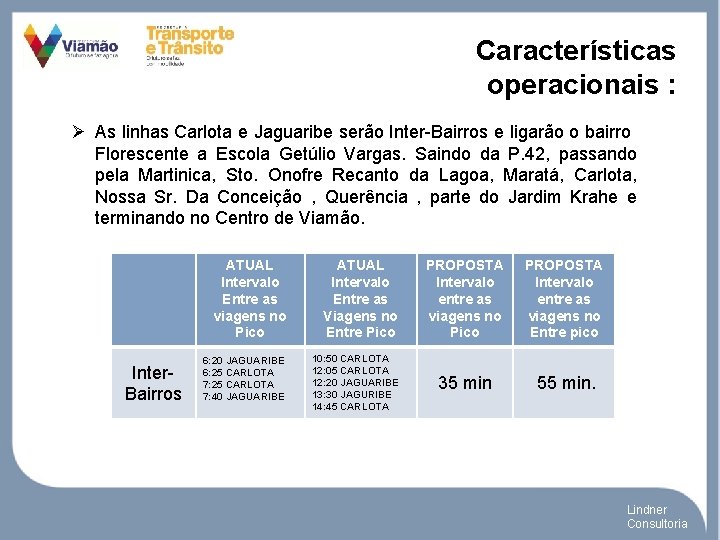 Características operacionais : Ø As linhas Carlota e Jaguaribe serão Inter-Bairros e ligarão o