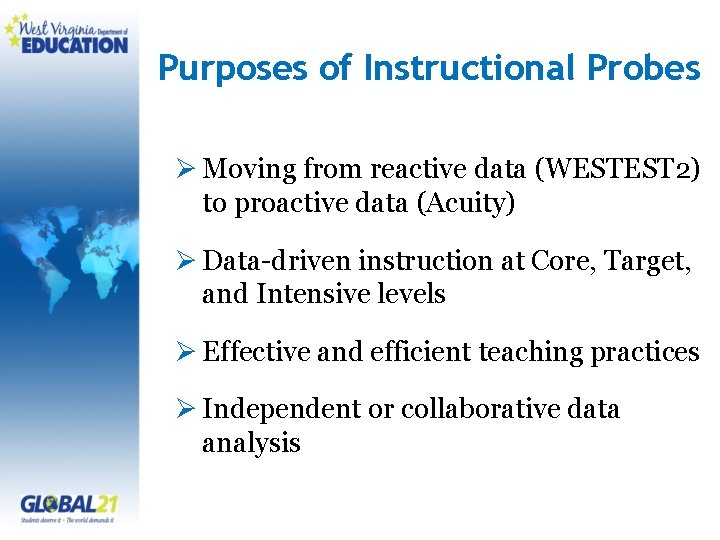 Purposes of Instructional Probes Ø Moving from reactive data (WESTEST 2) to proactive data