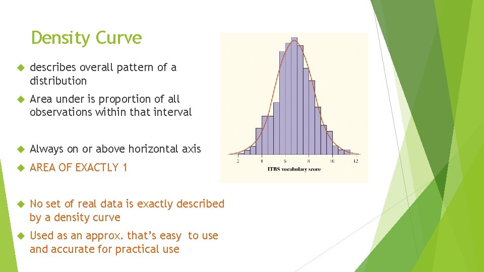 Density Curve describes overall pattern of a distribution Area under is proportion of all