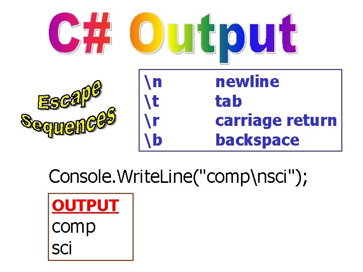 n t r b newline tab carriage return backspace Console. Write. Line("compnsci"); OUTPUT comp