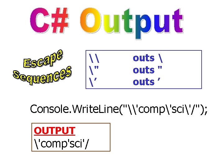 \ " ’ outs  outs " outs ’ Console. Write. Line("\'comp'sci'/"); OUTPUT 'comp'sci'/