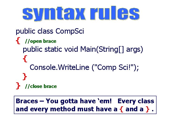 public class Comp. Sci { //open brace public static void Main(String[] args) { Console.