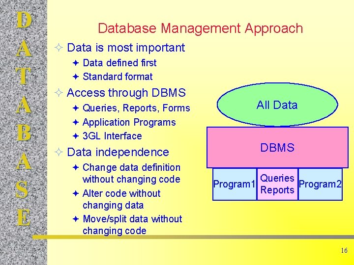 D A T A B A S E Database Management Approach ² Data is