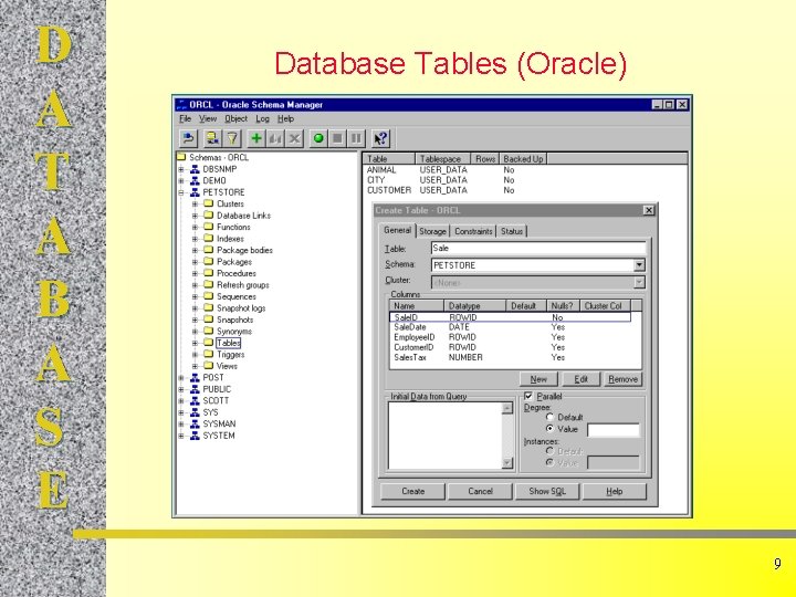 D A T A B A S E Database Tables (Oracle) 9 