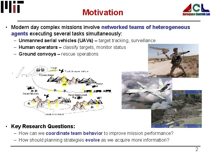 Motivation • Modern day complex missions involve networked teams of heterogeneous agents executing several