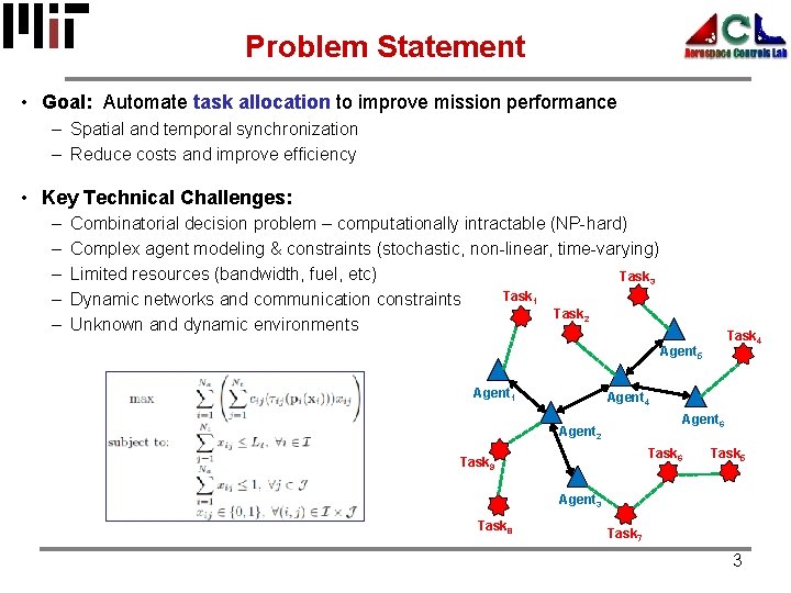 Problem Statement • Goal: Automate task allocation to improve mission performance – Spatial and