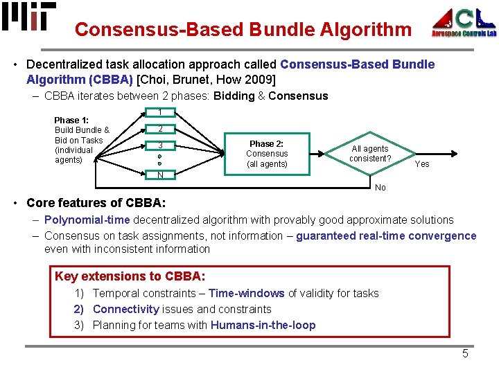 Consensus-Based Bundle Algorithm • Decentralized task allocation approach called Consensus-Based Bundle Algorithm (CBBA) [Choi,