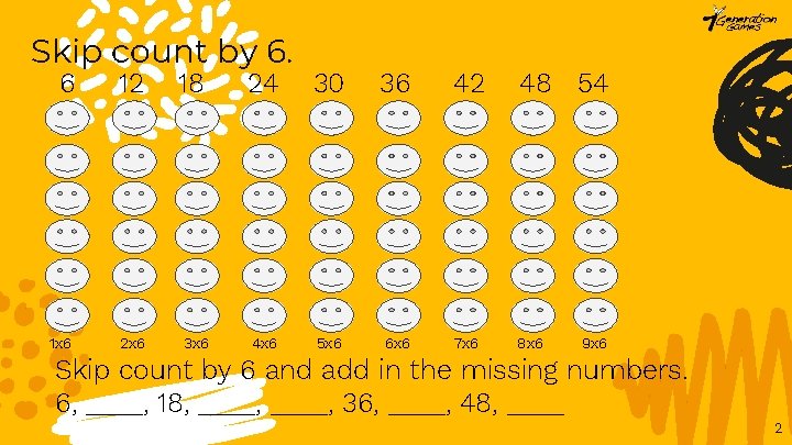 Skip count by 6. 6 12 1 x 6 2 x 6 18 3