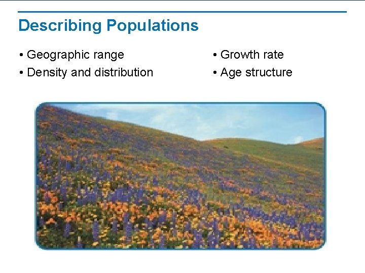 Describing Populations • Geographic range • Density and distribution • Growth rate • Age