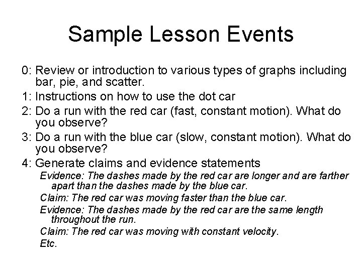 Sample Lesson Events 0: Review or introduction to various types of graphs including bar,