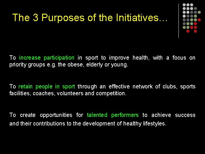 The 3 Purposes of the Initiatives… To increase participation in sport to improve health,