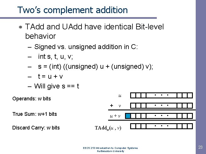 Two’s complement addition TAdd and UAdd have identical Bit-level behavior – – – Signed