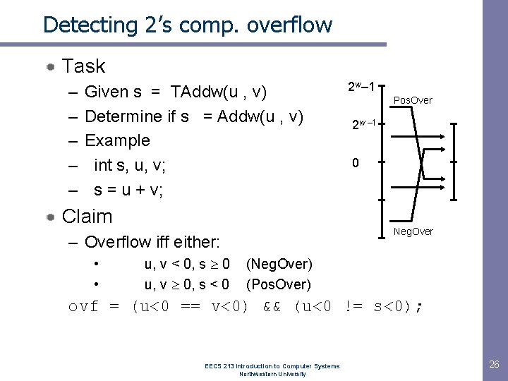 Detecting 2’s comp. overflow Task – – – Given s = TAddw(u , v)