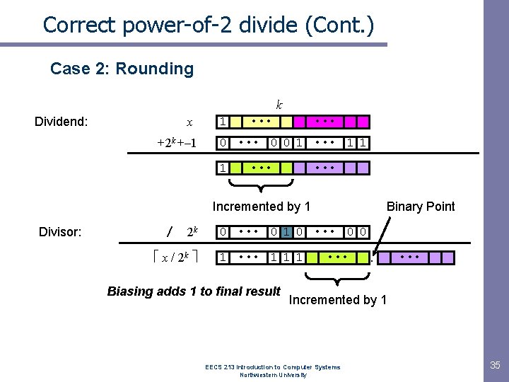 Correct power-of-2 divide (Cont. ) Case 2: Rounding k Dividend: x +2 k +–