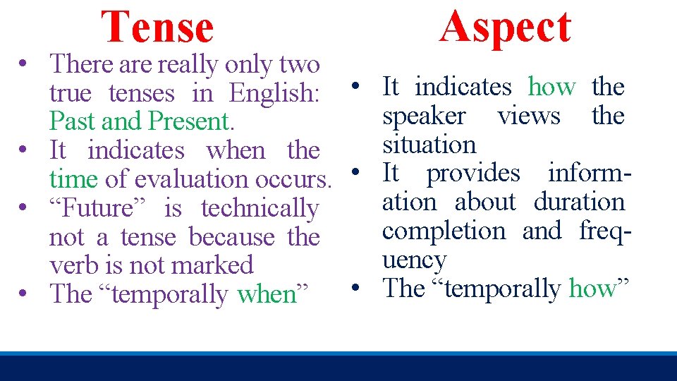 Tense Aspect • There are really only two true tenses in English: • It