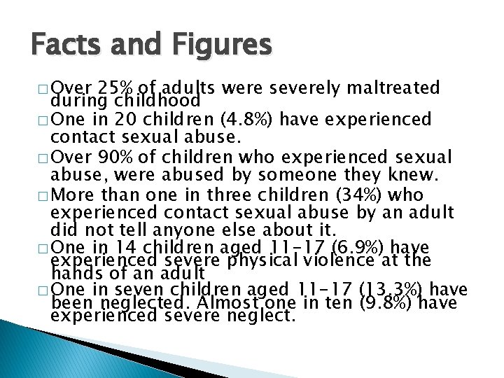 Facts and Figures � Over 25% of adults were severely maltreated during childhood �