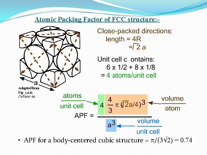 Atomic Packing Factor of FCC structure: - Adapted from Fig. 3. 1(a), Callister 6