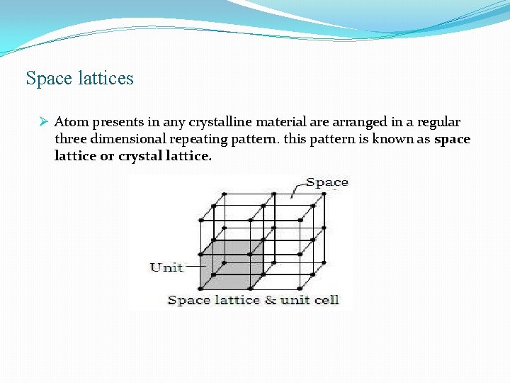 Space lattices Ø Atom presents in any crystalline material are arranged in a regular