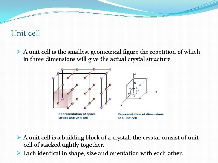 Unit cell Ø A unit cell is the smallest geometrical figure the repetition of