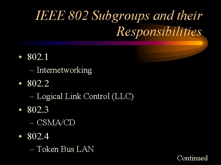 IEEE 802 Subgroups and their Responsibilities • 802. 1 – Internetworking • 802. 2