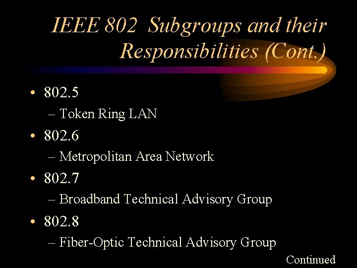 IEEE 802 Subgroups and their Responsibilities (Cont. ) • 802. 5 – Token Ring