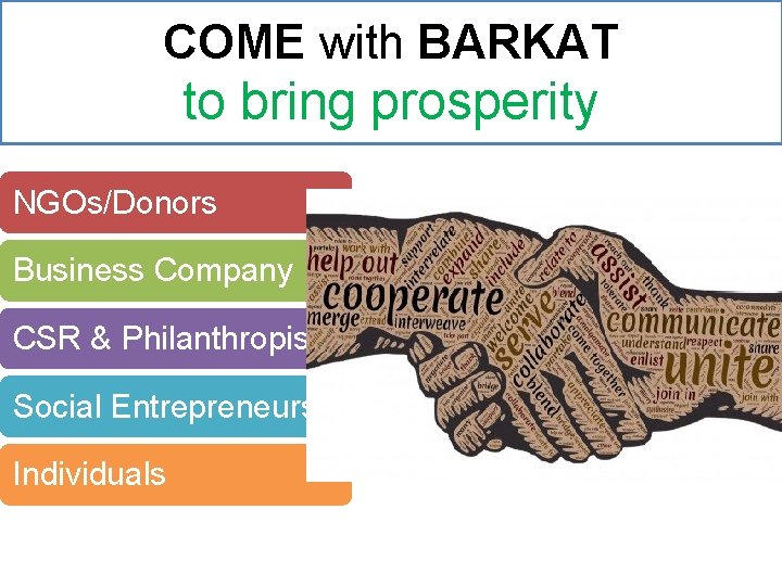 COME with BARKAT to bring prosperity NGOs/Donors Business Company CSR & Philanthropists Social Entrepreneurs