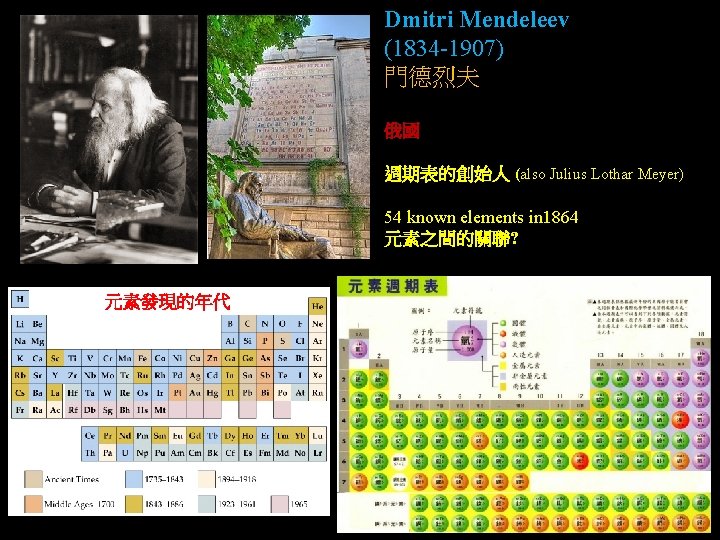 Dmitri Mendeleev (1834 -1907) 門德烈夫 俄國 週期表的創始人 (also Julius Lothar Meyer) 54 known elements