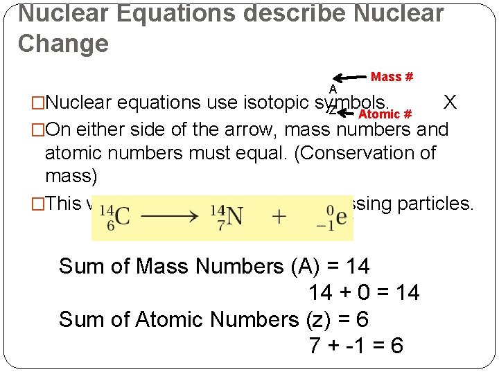 Nuclear Equations describe Nuclear Change A Mass # �Nuclear equations use isotopic symbols. Z