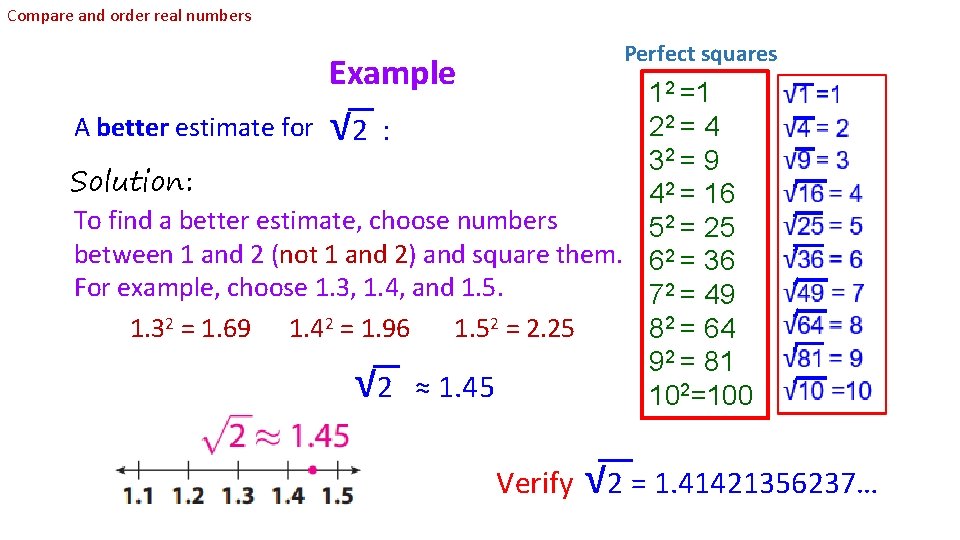 Compare and order real numbers Perfect squares Example 12 =1 A better estimate for