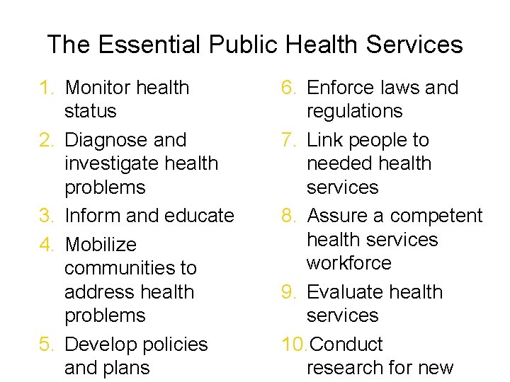 The Essential Public Health Services 1. Monitor health status 2. Diagnose and investigate health