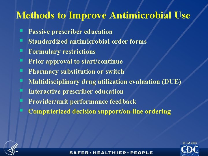 Methods to Improve Antimicrobial Use § § § § § Passive prescriber education Standardized