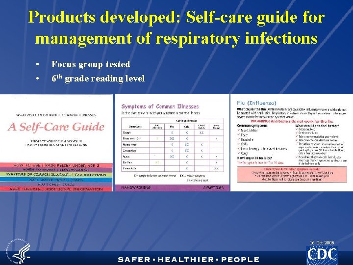 Products developed: Self-care guide for management of respiratory infections • • Focus group tested