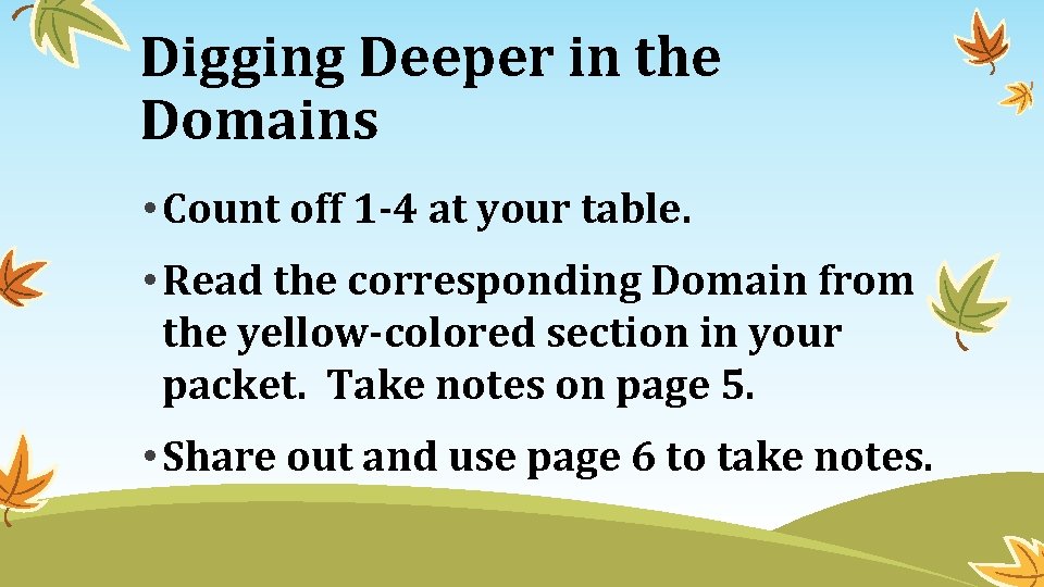 Digging Deeper in the Domains • Count off 1 -4 at your table. •