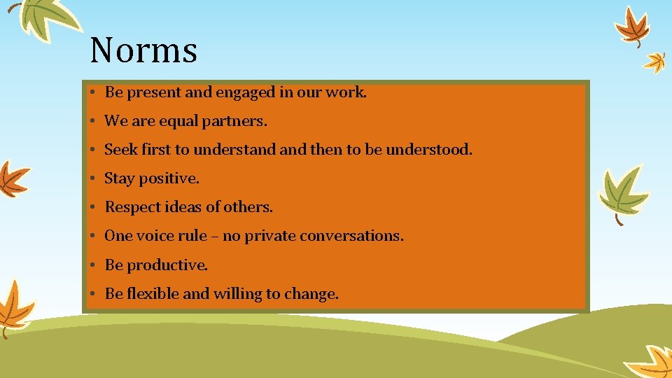 Norms • Be present and engaged in our work. • We are equal partners.